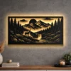 Large rustic mountain river valley metal art with deer and waterfall.