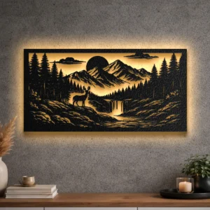 Large rustic mountain river valley metal art with deer and waterfall.