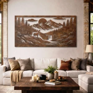 Mountain River Valley Scene Metal Art, Oversized Rustic Nature Landscape, Optional LED Backlight, Outdoor Lover Gift