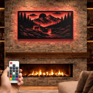 Mountain River Valley Scene Metal Art, Oversized Rustic Nature Landscape, Optional LED Backlight, Outdoor Lover Gift