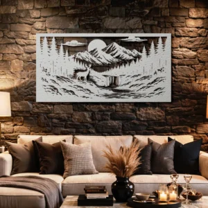 Mountain River Valley Scene Metal Art, Oversized Rustic Nature Landscape, Optional LED Backlight, Outdoor Lover Gift