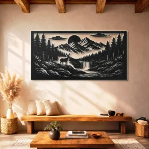 Mountain River Valley Scene Metal Art, Oversized Rustic Nature Landscape, Optional LED Backlight, Outdoor Lover Gift