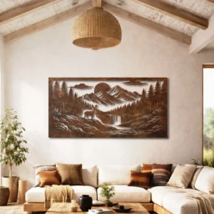 Mountain River Valley Scene Metal Art, Oversized Rustic Nature Landscape, Optional LED Backlight, Outdoor Lover Gift