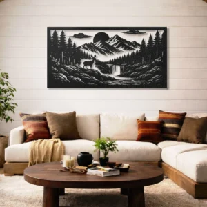 Mountain River Valley Scene Metal Art, Oversized Rustic Nature Landscape, Optional LED Backlight, Outdoor Lover Gift