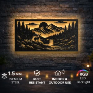 Mountain River Valley Scene Metal Art, Oversized Rustic Nature Landscape, Optional LED Backlight, Outdoor Lover Gift