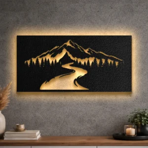 A large rustic metal wall art depicting a mountain road landscape with trees