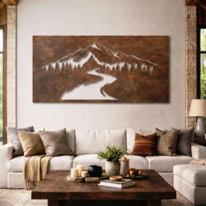 Mountain Road Landscape Metal Sign, Large Rustic Forest Art, Optional LED Lighting, Adventure Lover Gift