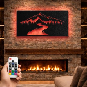 Mountain Road Landscape Metal Sign, Large Rustic Forest Art, Optional LED Lighting, Adventure Lover Gift