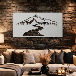 Mountain Road Landscape Metal Sign, Large Rustic Forest Art, Optional LED Lighting, Adventure Lover Gift