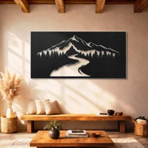 Mountain Road Landscape Metal Sign, Large Rustic Forest Art, Optional LED Lighting, Adventure Lover Gift