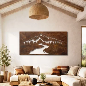 Mountain Road Landscape Metal Sign, Large Rustic Forest Art, Optional LED Lighting, Adventure Lover Gift