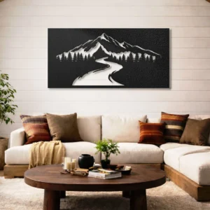 Mountain Road Landscape Metal Sign, Large Rustic Forest Art, Optional LED Lighting, Adventure Lover Gift