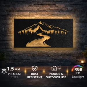 Mountain Road Landscape Metal Sign, Large Rustic Forest Art, Optional LED Lighting, Adventure Lover Gift