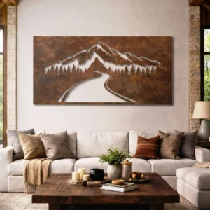 Mountain Road Perspective Metal Wall Art, Oversized Rustic Forest Decor, Optional RGB LED Backlight, Nature Lover Gift