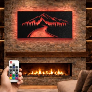 Mountain Road Perspective Metal Wall Art, Oversized Rustic Forest Decor, Optional RGB LED Backlight, Nature Lover Gift