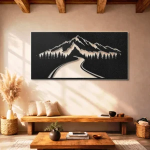 Mountain Road Perspective Metal Wall Art, Oversized Rustic Forest Decor, Optional RGB LED Backlight, Nature Lover Gift