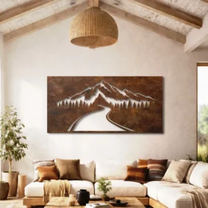 Mountain Road Perspective Metal Wall Art, Oversized Rustic Forest Decor, Optional RGB LED Backlight, Nature Lover Gift