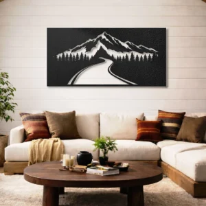 Mountain Road Perspective Metal Wall Art, Oversized Rustic Forest Decor, Optional RGB LED Backlight, Nature Lover Gift