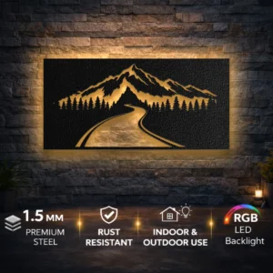 Mountain Road Perspective Metal Wall Art, Oversized Rustic Forest Decor, Optional RGB LED Backlight, Nature Lover Gift