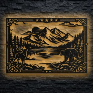 Oversized rustic mountain scene metal wall art with deer and bear silhouettes