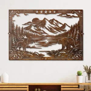 Mountain Scene Metal Wall Art, Oversized Rustic Wilderness Decor, Optional RGB LED, Nature Lover Gift