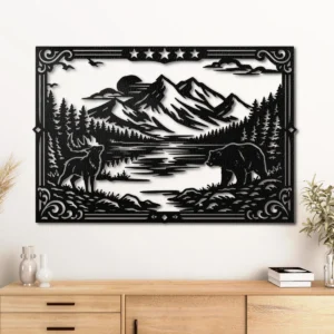 Mountain Scene Metal Wall Art, Oversized Rustic Wilderness Decor, Optional RGB LED, Nature Lover Gift