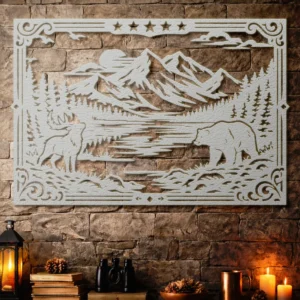 Mountain Scene Metal Wall Art, Oversized Rustic Wilderness Decor, Optional RGB LED, Nature Lover Gift