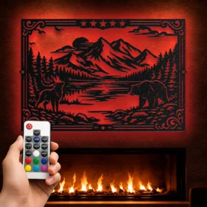Mountain Scene Metal Wall Art, Oversized Rustic Wilderness Decor, Optional RGB LED, Nature Lover Gift
