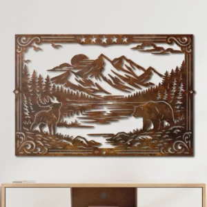 Mountain Scene Metal Wall Art, Oversized Rustic Wilderness Decor, Optional RGB LED, Nature Lover Gift