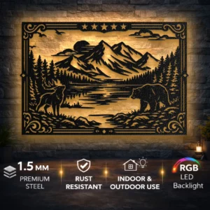 Mountain Scene Metal Wall Art, Oversized Rustic Wilderness Decor, Optional RGB LED, Nature Lover Gift