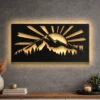 Large rustic metal wall art depicting a mountain sunrise and forest.