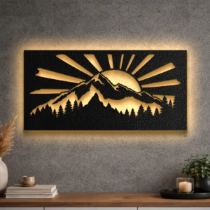 Large rustic metal wall art depicting a mountain sunrise and forest