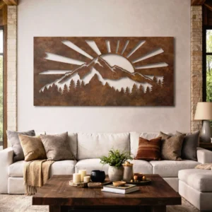 Mountain Sunrise Landscape Metal Sign, Large Rustic Forest Art, Optional RGB LED Backlight, Cabin Decor Gift