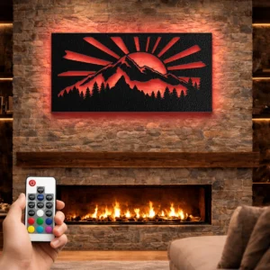 Mountain Sunrise Landscape Metal Sign, Large Rustic Forest Art, Optional RGB LED Backlight, Cabin Decor Gift