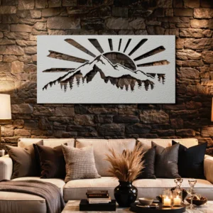 Mountain Sunrise Landscape Metal Sign, Large Rustic Forest Art, Optional RGB LED Backlight, Cabin Decor Gift