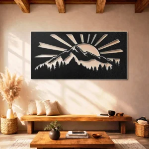 Mountain Sunrise Landscape Metal Sign, Large Rustic Forest Art, Optional RGB LED Backlight, Cabin Decor Gift