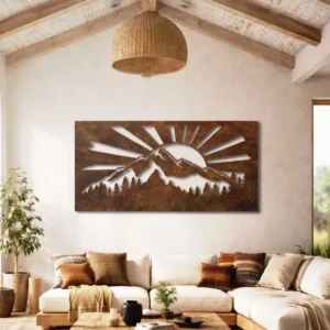 Mountain Sunrise Landscape Metal Sign, Large Rustic Forest Art, Optional RGB LED Backlight, Cabin Decor Gift