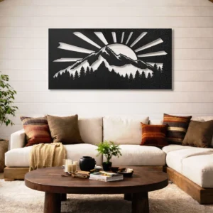 Mountain Sunrise Landscape Metal Sign, Large Rustic Forest Art, Optional RGB LED Backlight, Cabin Decor Gift