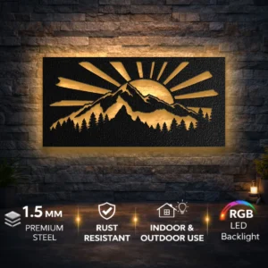 Mountain Sunrise Landscape Metal Sign, Large Rustic Forest Art, Optional RGB LED Backlight, Cabin Decor Gift
