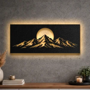 Large Mountain Sunset Peak metal wall art with LED backlighting
