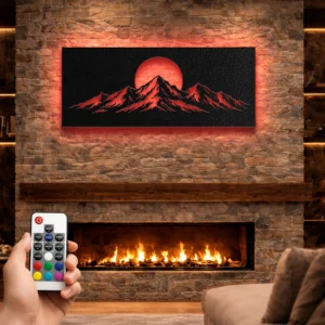 Mountain Sunset Peak Metal Wall Art, Oversized Rustic Mountain Decor, Optional RGB LED, Nature Lover Gift