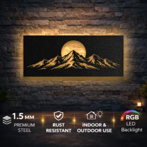 Mountain Sunset Peak Metal Wall Art, Oversized Rustic Mountain Decor, Optional RGB LED, Nature Lover Gift