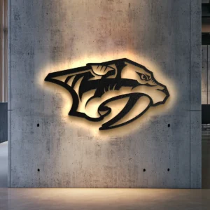 Black metal Nashville Predators logo wall art with warm LED backlighting