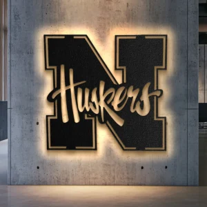Black metal Nebraska Huskers "N Huskers" logo wall art with bright LED backlighting.