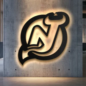 Black metal New Jersey Devils logo wall art with bright LED backlighting.
