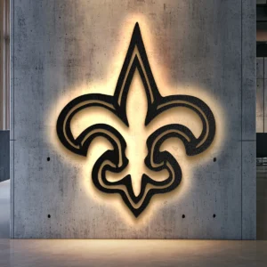 Black metal New Orleans Saints fleur de lis logo wall art with bright backlighting