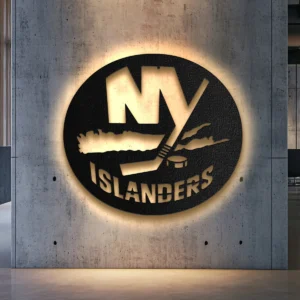 Black metal New York Islanders logo wall art with warm LED backlight.