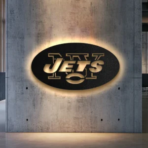 New York Jets black metal wall art with golden logo and warm LED backlight.