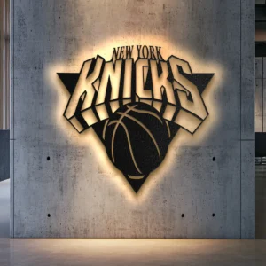 Black metal New York Knicks logo wall art with bright LED backlighting