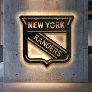 New York Rangers metal wall art with LED backlight on a concrete wall.